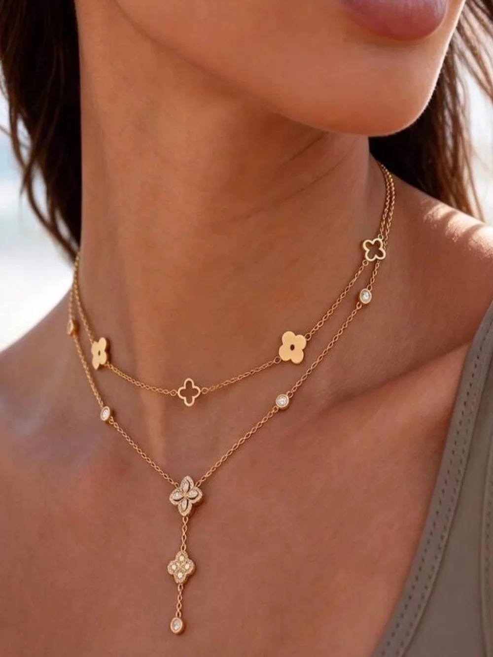 Gold Layered Floral Clover Pendant Necklace